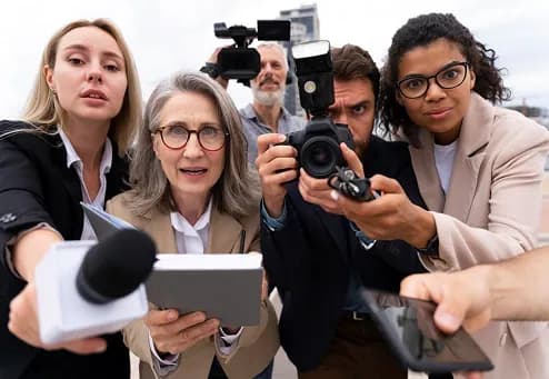 Reporters with cameras and microphones at a media event