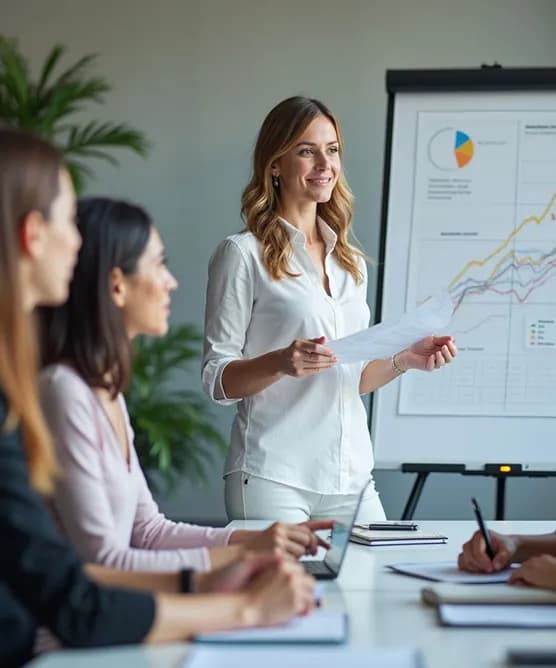 Colleague presenting a chart on a screen to two seated coworkers