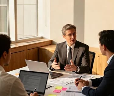 Colleagues talking around a meeting table