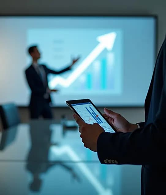 Analyst using a tablet while a colleague presents a chart