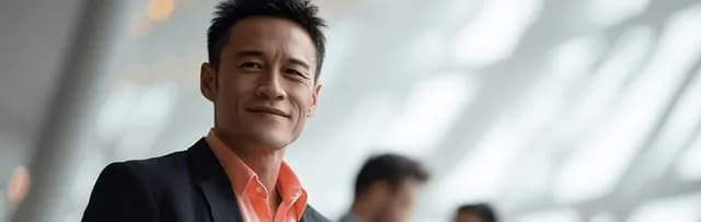 Colleague smiling in a bright office lobby