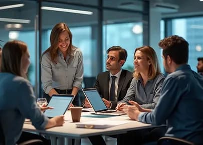 Colleagues meeting around a table in a glass-walled office