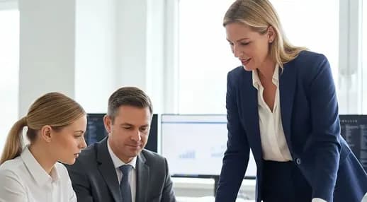 Colleagues talking beside a table in a bright office