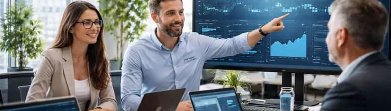 Team reviewing market dashboards on large monitors
