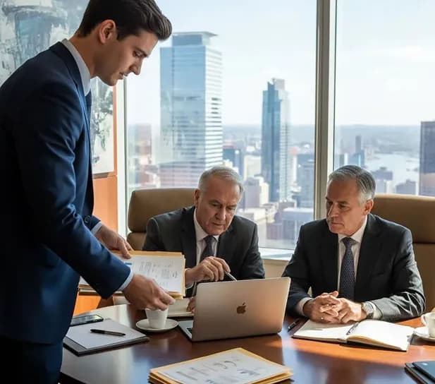 Developers reviewing work together at desks in an office