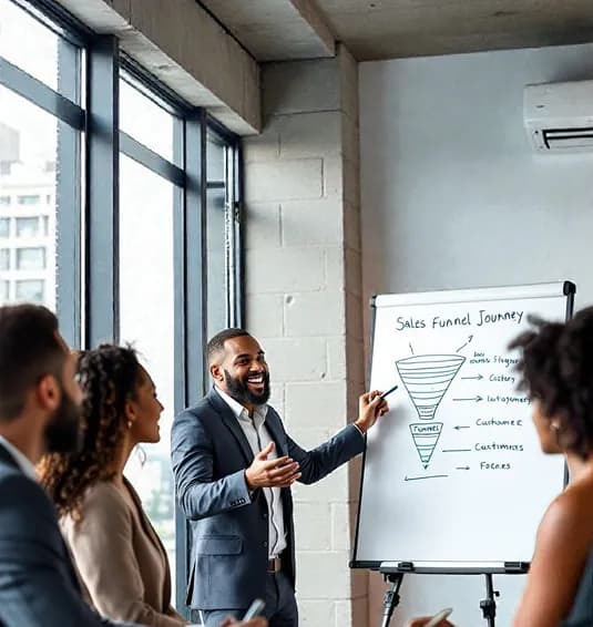 Engineer presenting at a whiteboard to colleagues in a meeting room