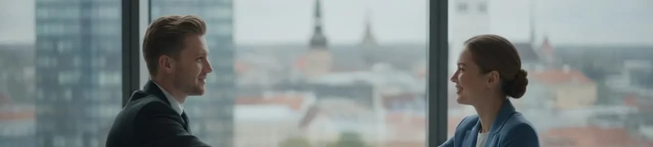 Two colleagues talking beside a window with a city view