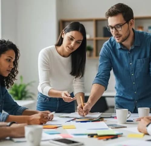 Colleagues working together over notes at a table