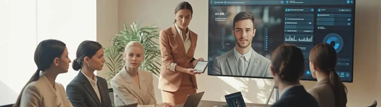 Presenter leading a team meeting in front of dashboards
