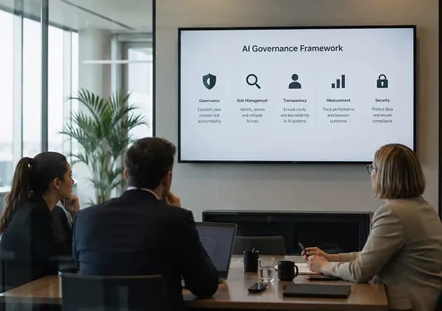 Colleagues watching a governance framework presentation on screen