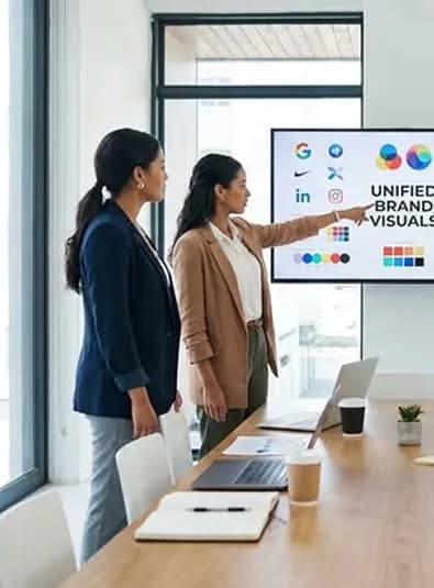 Two colleagues reviewing a presentation on a screen