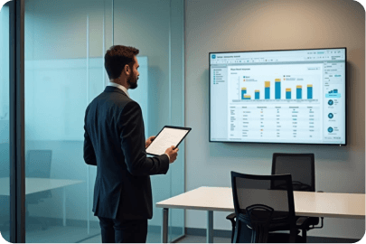 Analyst reviewing evidence on a large screen in a glass-walled office
