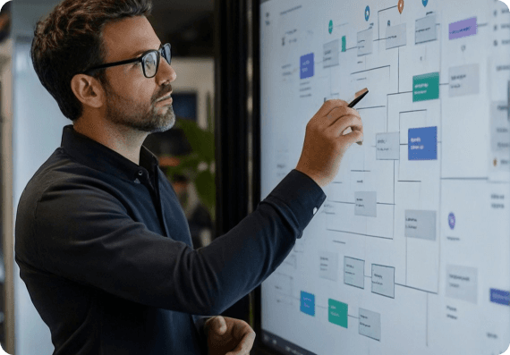 Analyst reviewing a research-evidence flowchart on a large display