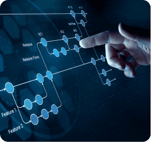 Analyst pointing to a research capability flowchart on a large display