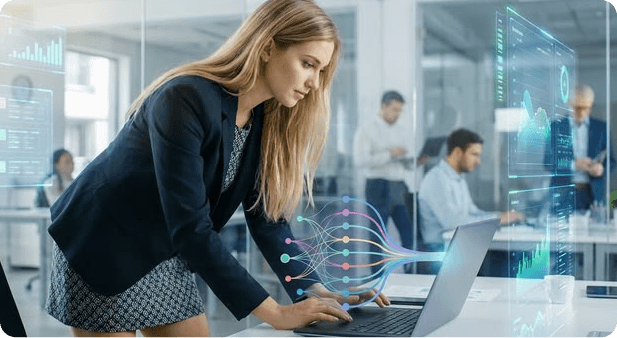 Analyst reviewing a data visualization overlay on a laptop