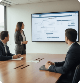 Analyst presenting a workflow diagram to colleagues in a meeting room