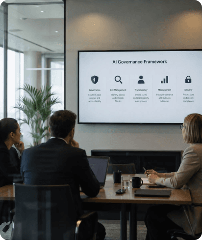 Team reviewing an AI governance framework presentation in a meeting room
