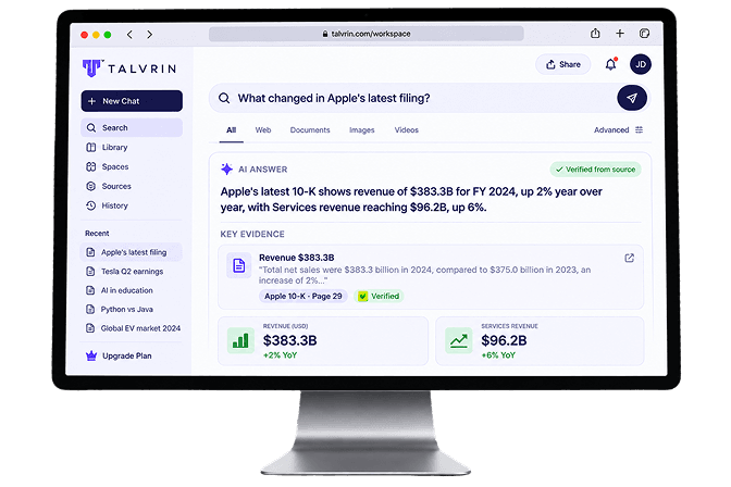 Talvrin research workspace answering “What changed in Apple's latest filing?” with source-verified evidence
