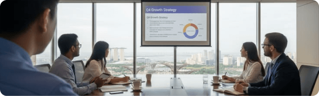 Meeting room reviewing a Q4 growth strategy presentation with a city skyline view