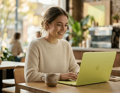 Professional using a laptop in a bright workspace