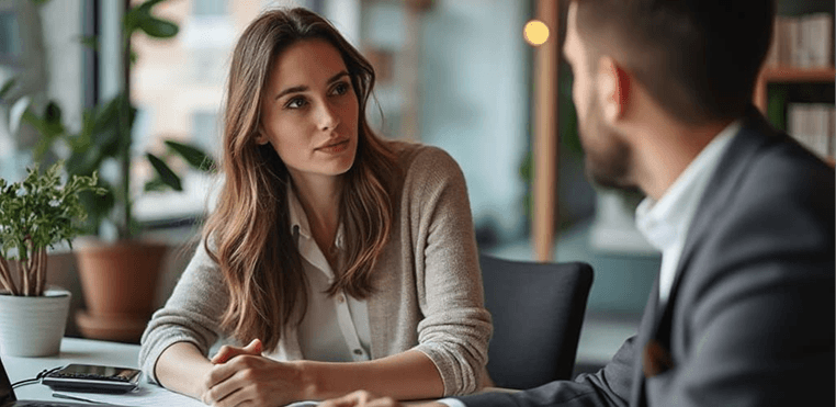 Professionals discussing privacy and technology in a workplace