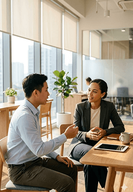 Colleagues discussing technology in an office