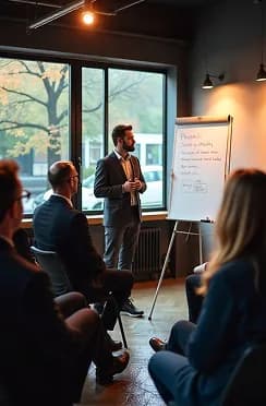 Presenter briefing a seated team beside a flip chart