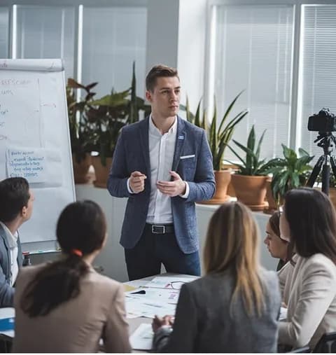 Presenter leading a team workshop beside a flip chart