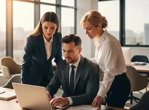 Three colleagues reviewing work together on a laptop
