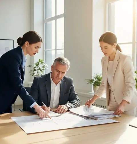 Three colleagues reviewing documents together at a sunlit desk