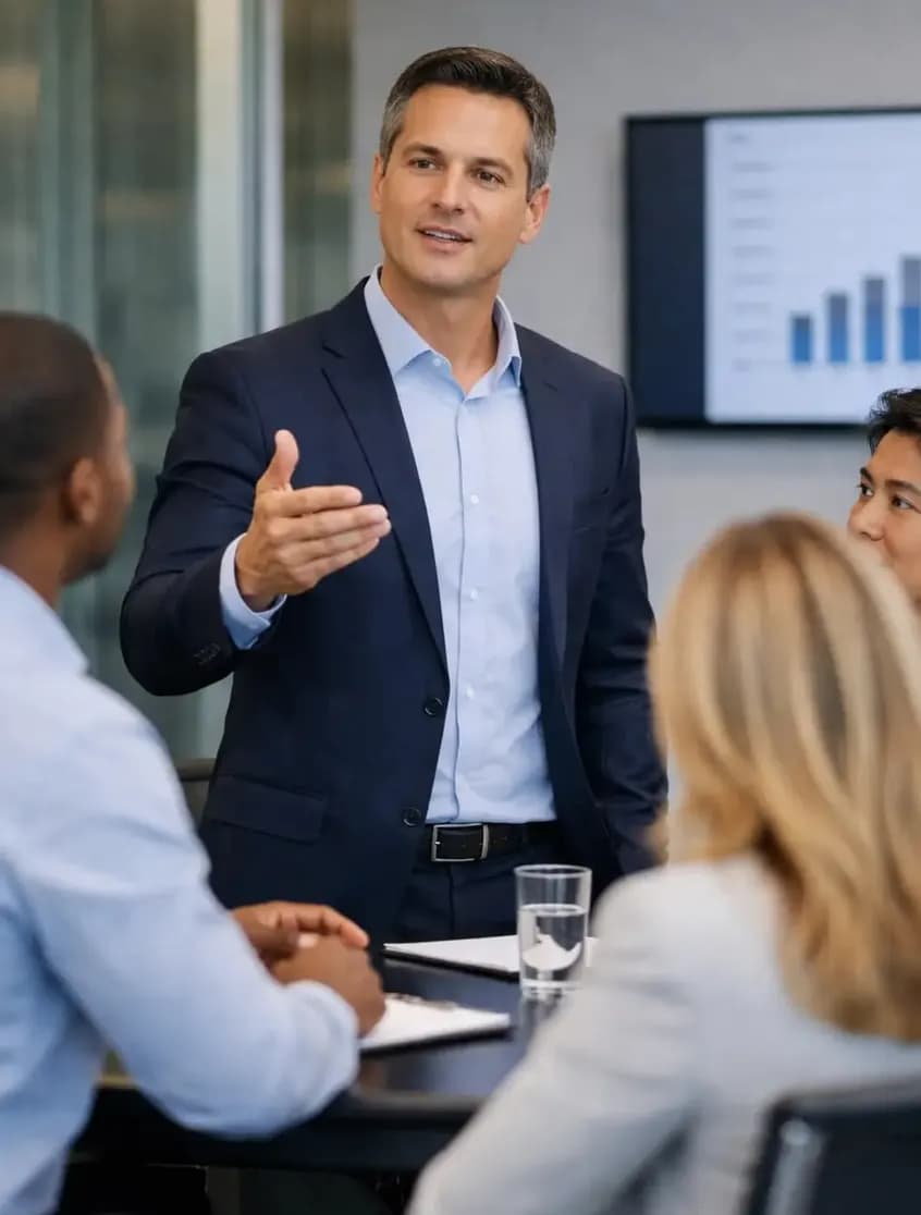 A speaker presenting fixed-income research to colleagues