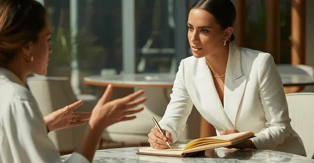 Two colleagues in conversation while one takes notes