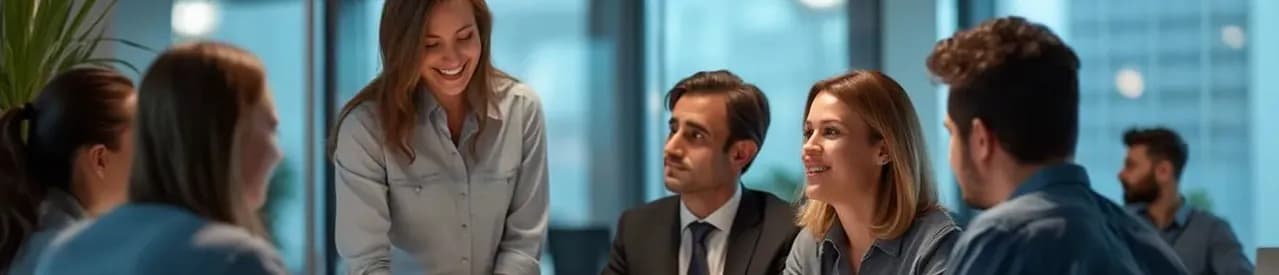 Colleagues talking together in a bright office meeting