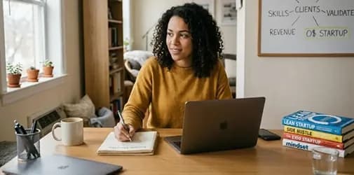 Person taking notes beside a laptop at a home desk