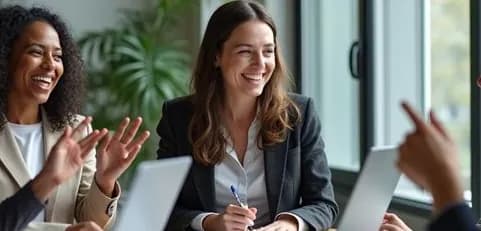 Colleagues laughing together during a meeting