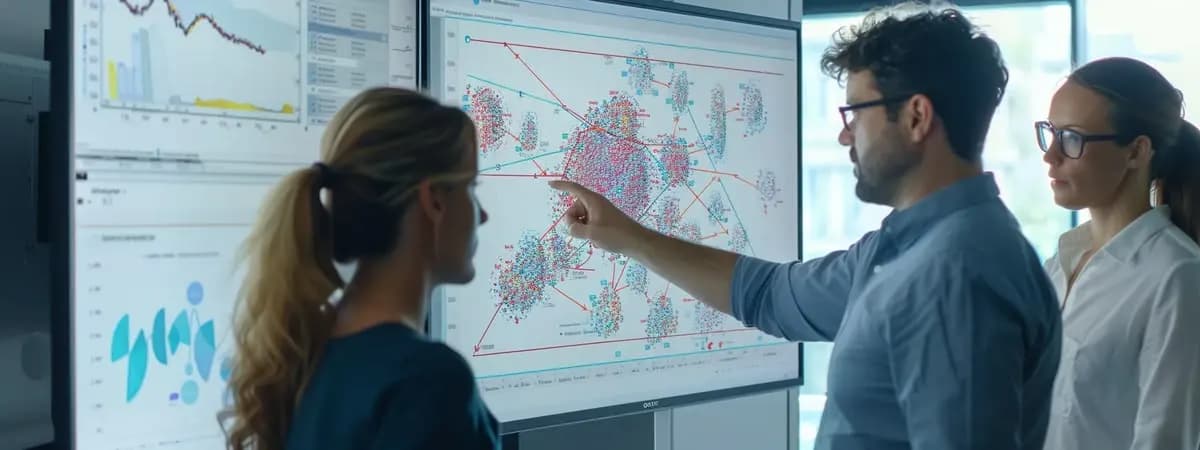 Analysts examining an evidence relationship graph on a screen