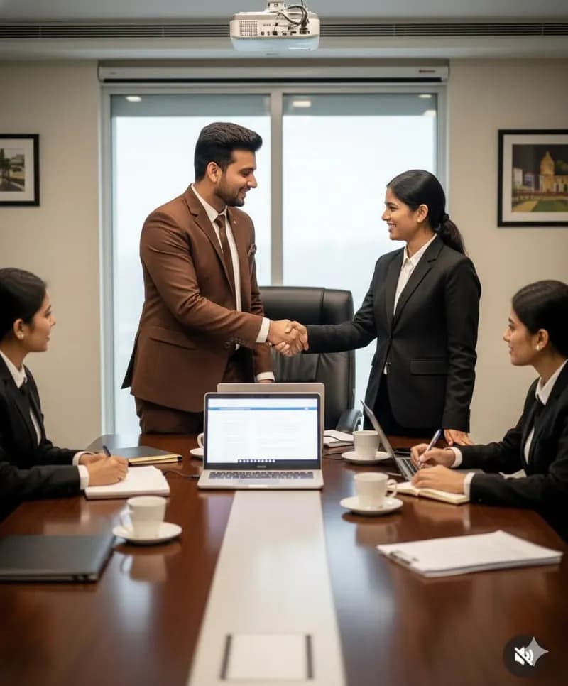 Two colleagues shaking hands across a conference table