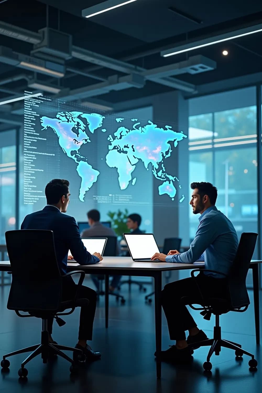 Analysts reviewing a live global markets map on a large display in an office