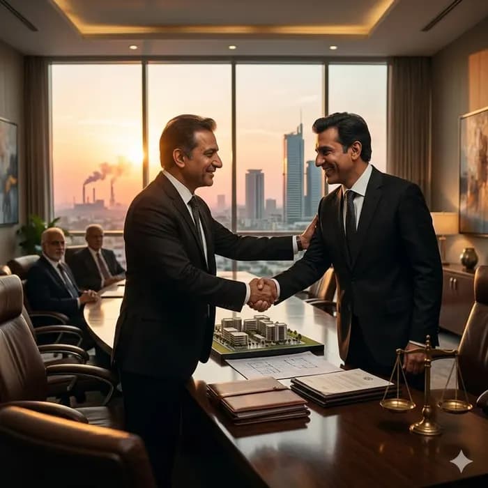 Two colleagues shaking hands after a research review