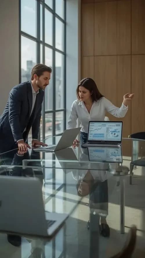 Two colleagues reviewing research on a laptop in a modern office
