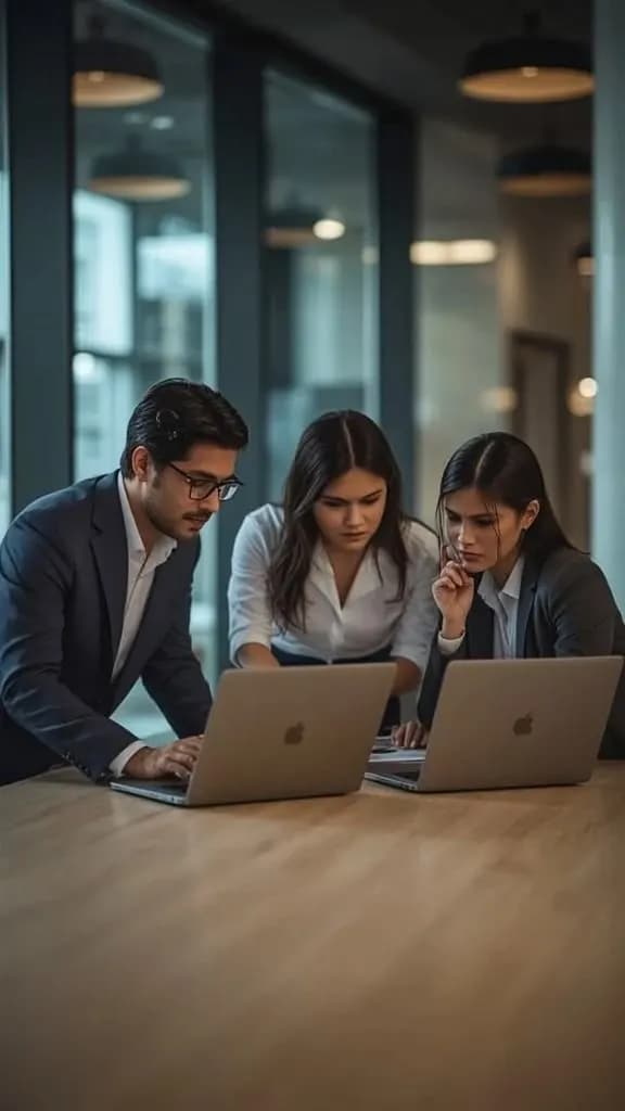 Analysts reviewing research together on laptops
