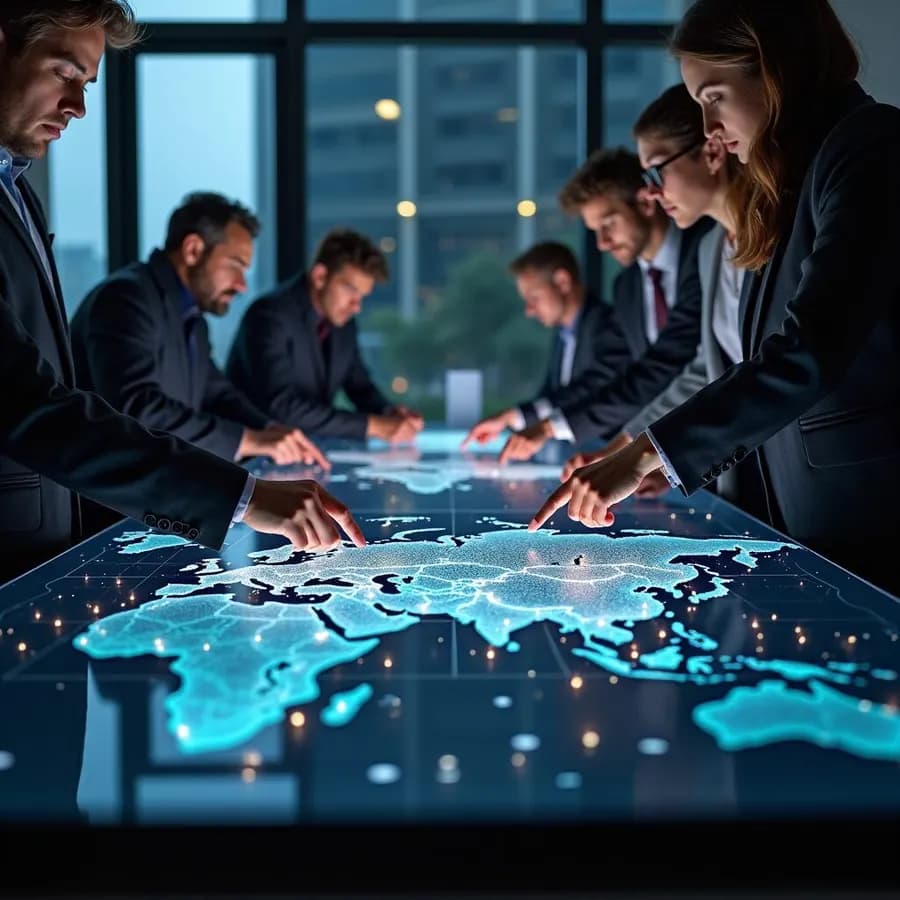 Analysts reviewing a lit global market map on a table display