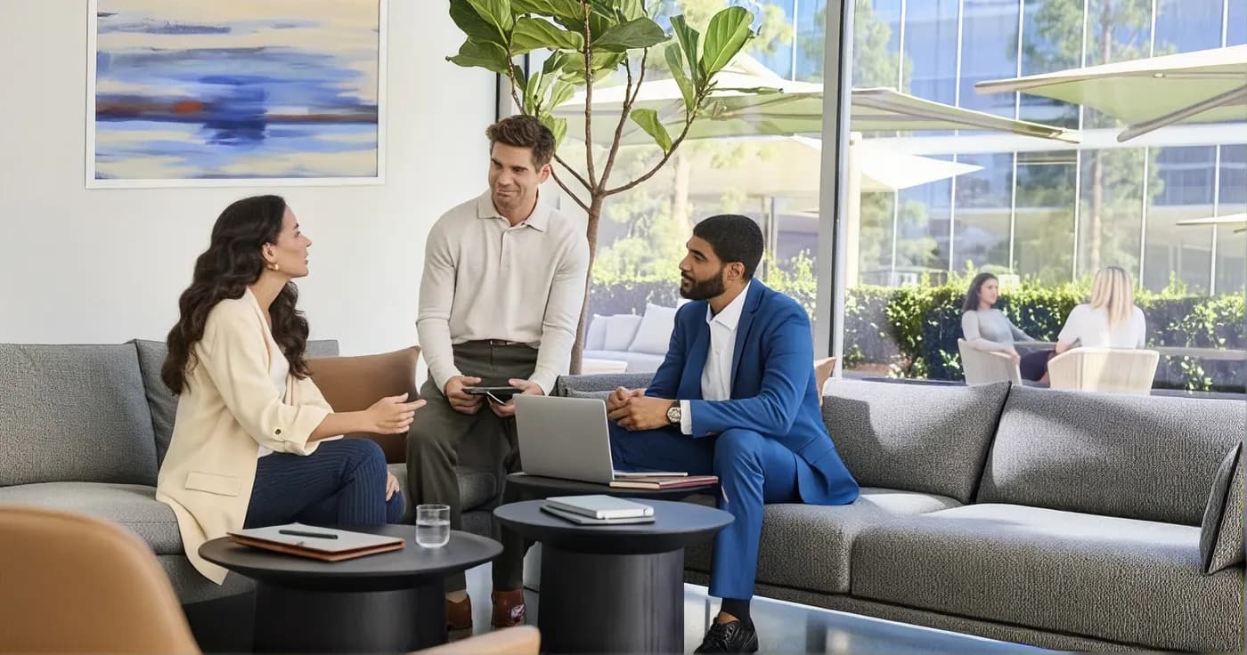 Research team discussing evidence in an office lounge