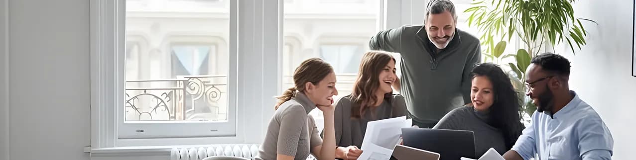 Colleagues reviewing documents together beside a bright window