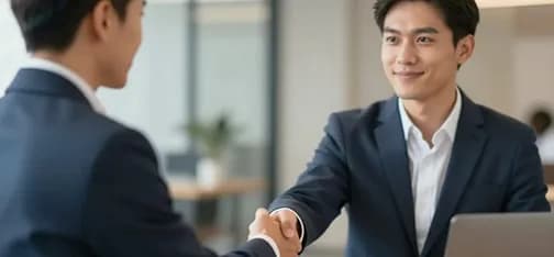 Two colleagues shaking hands across a desk