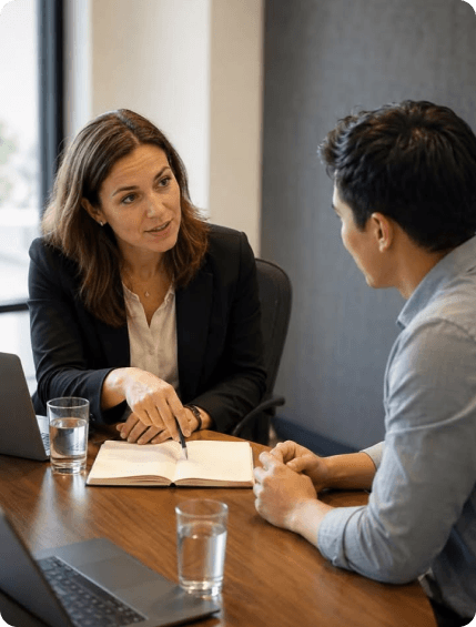 Colleagues collaborating and pointing at documents in a meeting