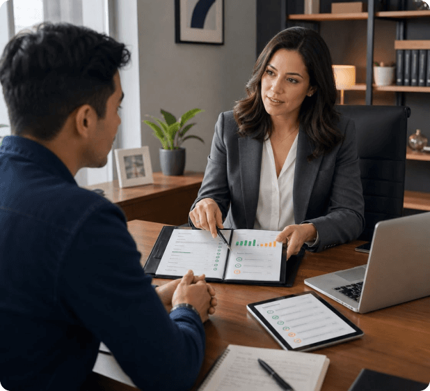 Two colleagues looking at financial charts and notes across a desk