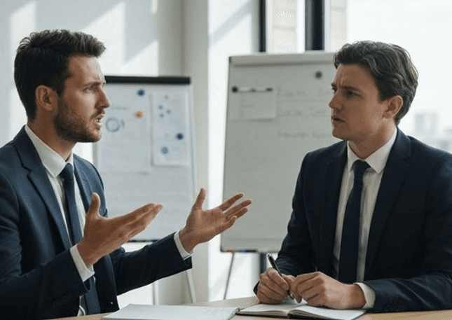 Two business professionals in a collaborative meeting discussing documents