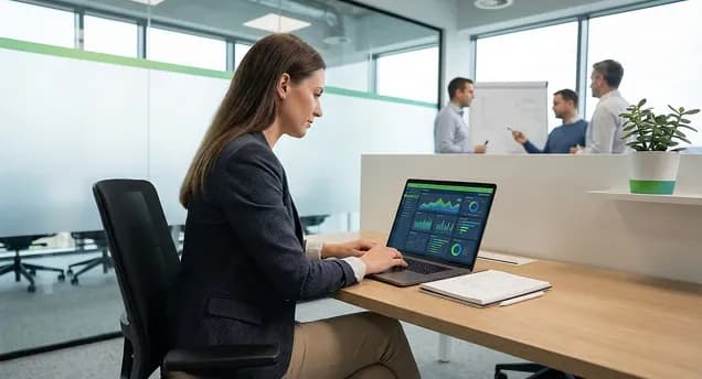 Analyst reviewing dashboards on a laptop while colleagues meet in the background