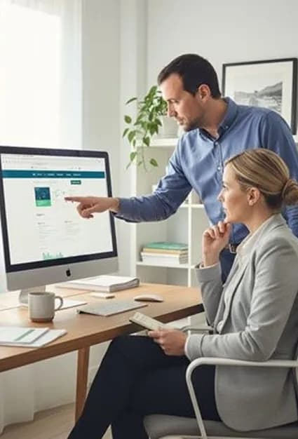 Two colleagues reviewing an alert on a desktop monitor